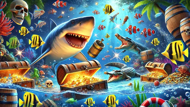 Tampilan mobile permainan tembak ikan dengan ikan bergerak di arena